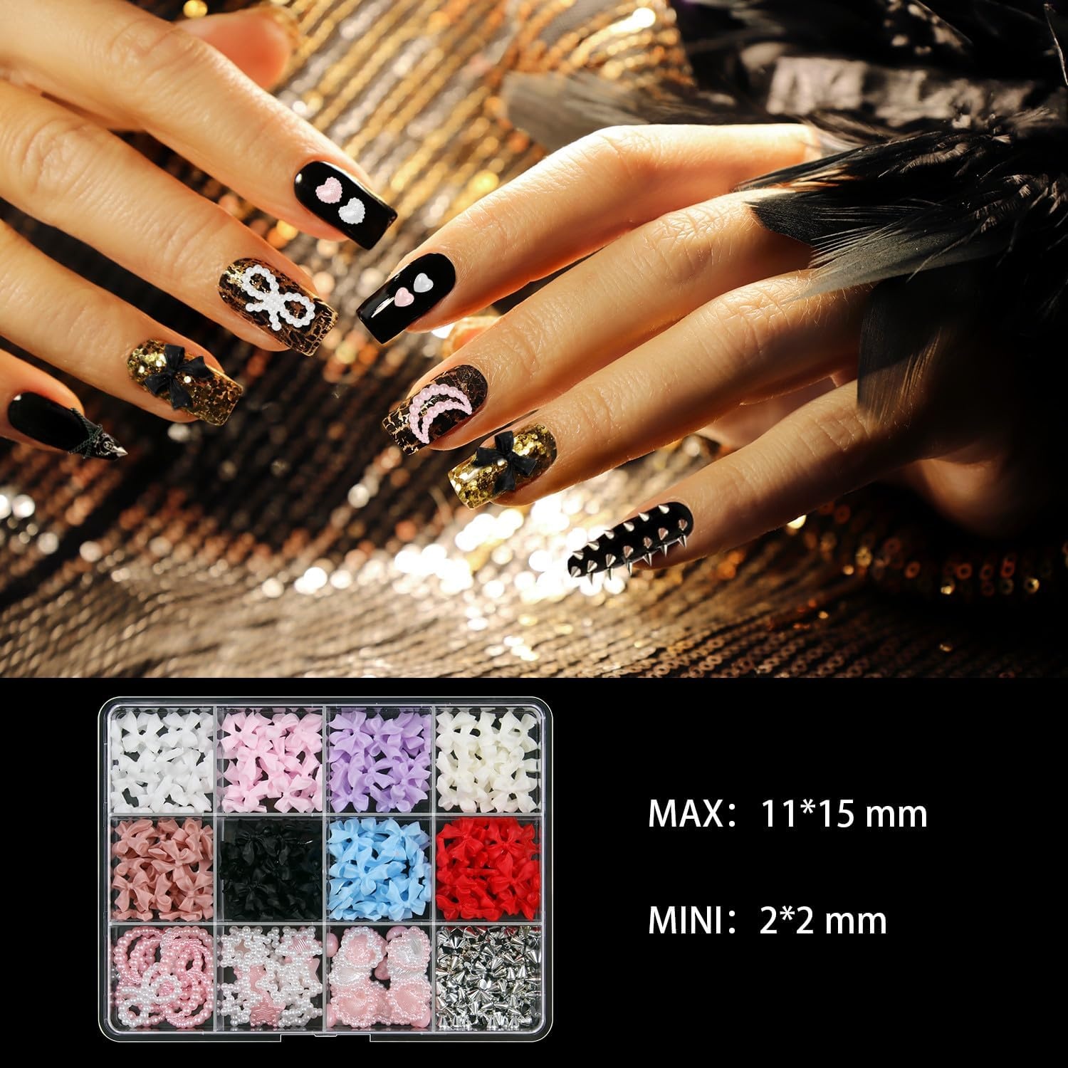 image:imageArtdone Nail Art Studs Glitter Kit 2 Boxes Multicolor 3D Charms Flower Butterfly Snake Rabbit Diamond Cute Nail Jewels for DIY Decoration with Pickup ToolsWhite  Pink  Lilac  Off White Rose Tan  Black  Blue  and Red