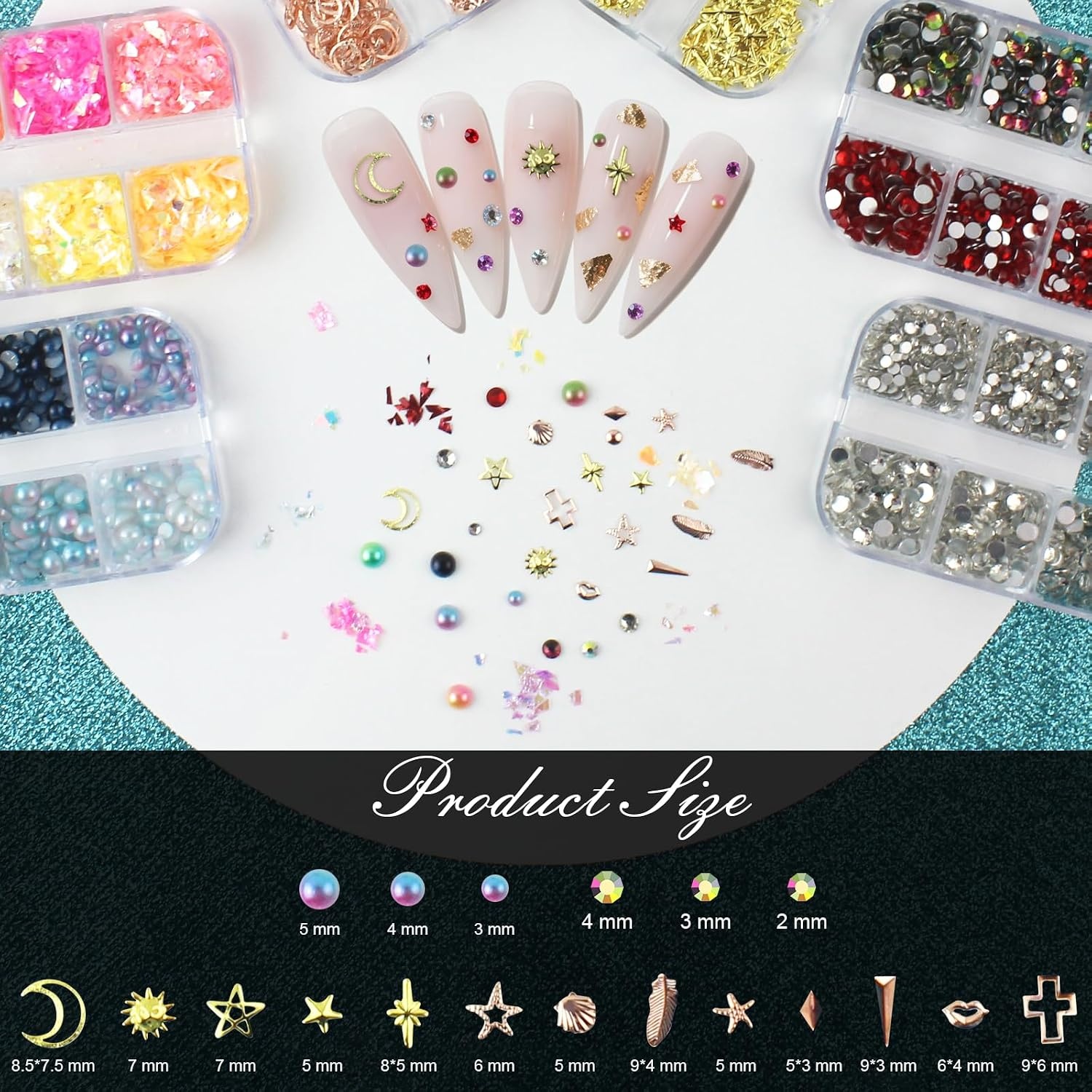image:imageArtdone Nail Art Studs Glitter Kit 2 Boxes Multicolor 3D Charms Flower Butterfly Snake Rabbit Diamond Cute Nail Jewels for DIY Decoration with Pickup ToolsMulticolor and design set