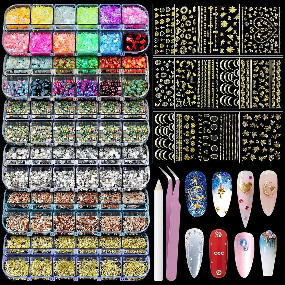 image:imageArtdone Nail Art Studs Glitter Kit 2 Boxes Multicolor 3D Charms Flower Butterfly Snake Rabbit Diamond Cute Nail Jewels for DIY Decoration with Pickup ToolsMulticolor and design set