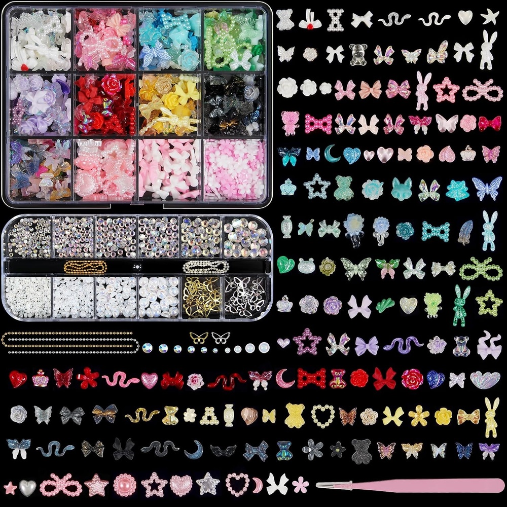 image:imageArtdone Nail Art Studs Glitter Kit 2 Boxes Multicolor 3D Charms Flower Butterfly Snake Rabbit Diamond Cute Nail Jewels for DIY Decoration with Pickup Toolsmulticolor