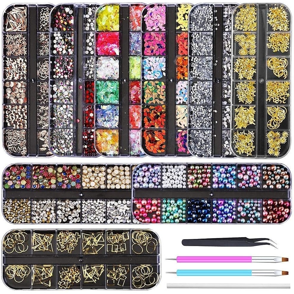image:imageArtdone Nail Art Studs Glitter Kit 2 Boxes Multicolor 3D Charms Flower Butterfly Snake Rabbit Diamond Cute Nail Jewels for DIY Decoration with Pickup Tools9boxes